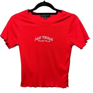 Faded Rose Las Vegas Baby Tee Size M Red Lettuce Hem Ribbed Y2K‎ Crop Top